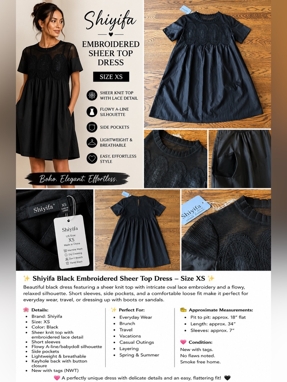 ✨ Shiyifa Black Embroidered Sheer Top Dress XS NWT ✨  Cottagecore Boho Lagenlook